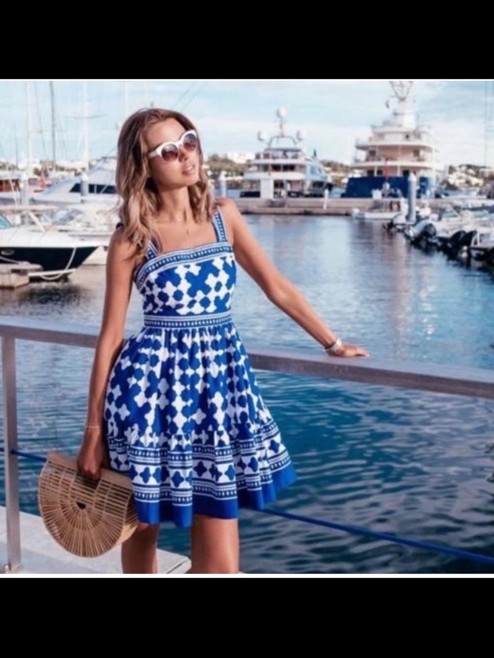 kate spade Blue and White Geometric Lantern Poplin Strap Sundress - Picture 3 of 8